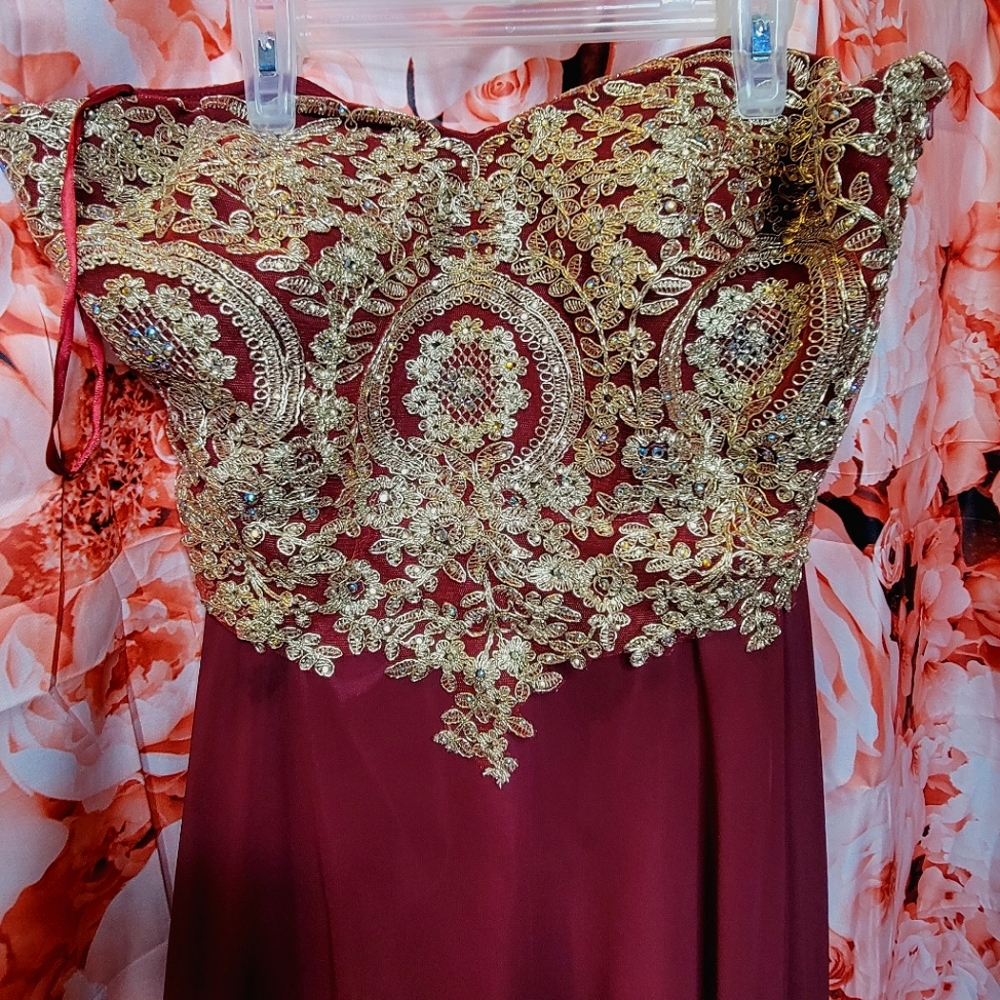 Burgundy Floor Length Strapless Evening Dress with Gold Embroidery